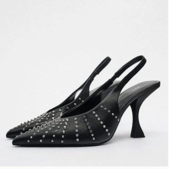 Zara Sexy Edgy Studded Sling Back Heels Black Size 36 - Picture 1 of 11